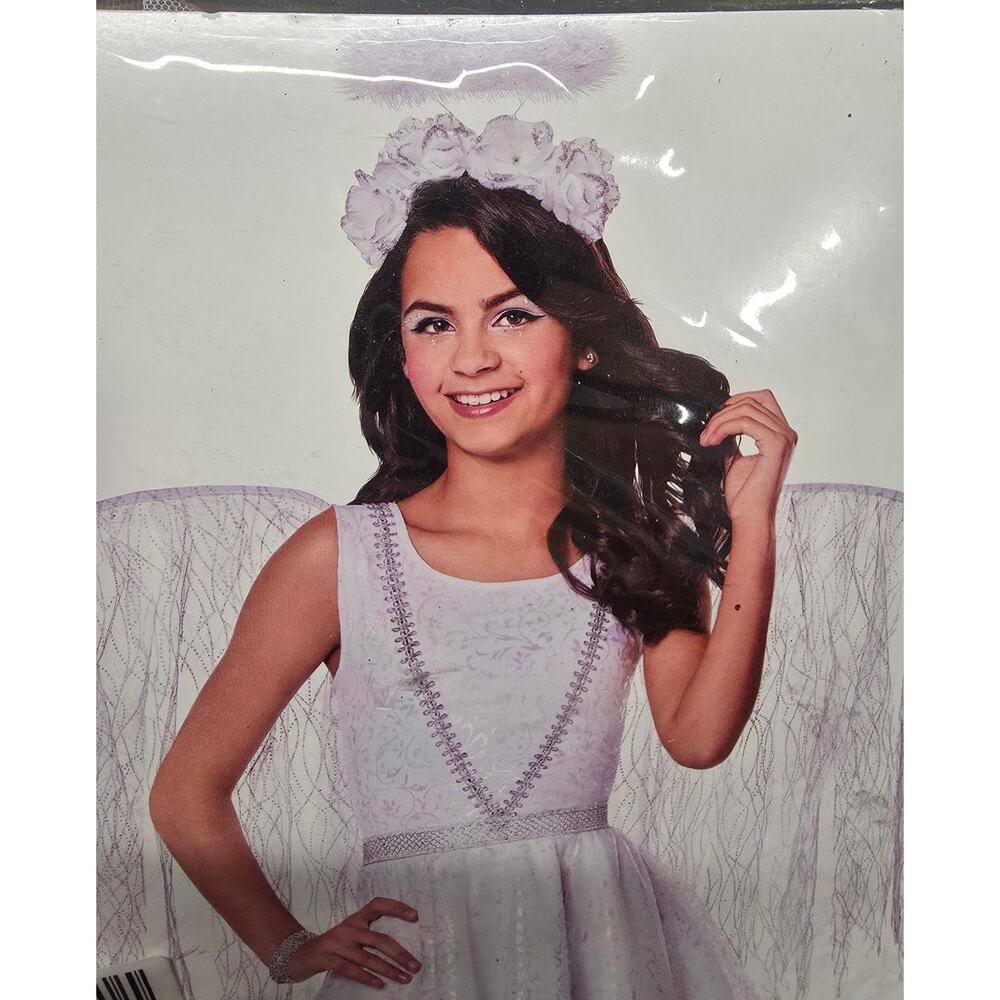 Angel Costume Kids Youth Medium Halloween Play White Wings Dress Headband Spirit - Picture 4 of 5